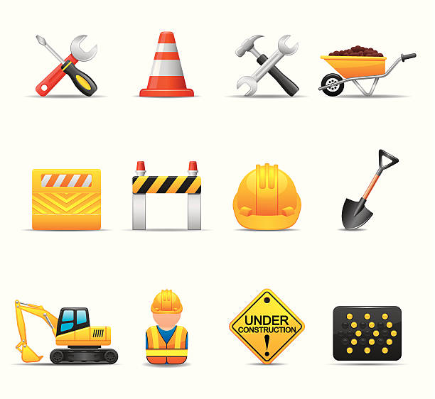 Construction Site Icon Set | Elegant Series Elegant construction site related icon can beautify your designs & graphic hardhat roadblock boundary barricade stock illustrations