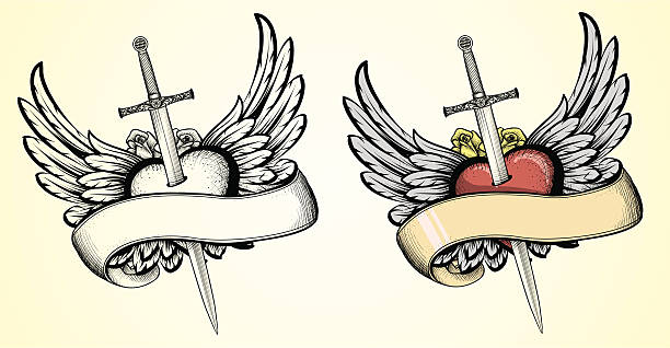 ilustrações, clipart, desenhos animados e ícones de voando coração com tatuagem de espadas - valentines day flower single flower heart shape
