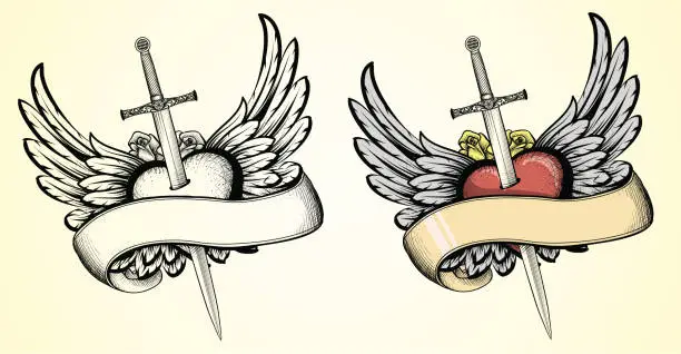 Vector illustration of Flying Heart with Sword tattoo