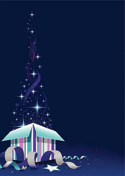 Vector illustration of Magical Gift Box with stars & ribbon