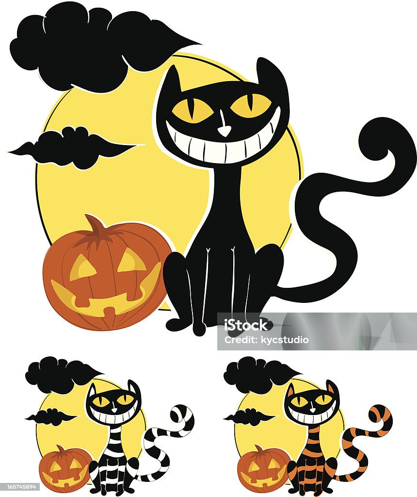Jack-o-Lantern and Cat Smiling Cat and carved pumpkin smile while sitting together in front of a full moon and clouds. Three color variations included. Vector illustration. Animal stock vector