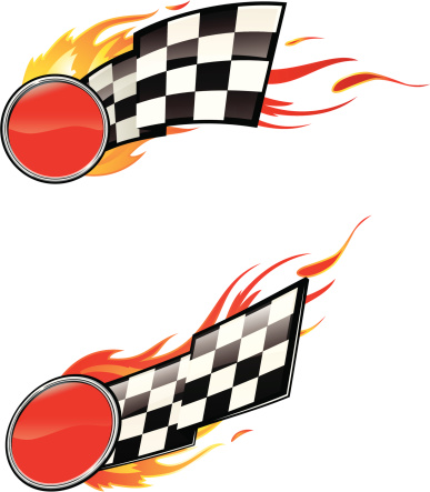 Two variations of a checkered flag engulfed in flames with a small circular emblem for text. Vector illustration.