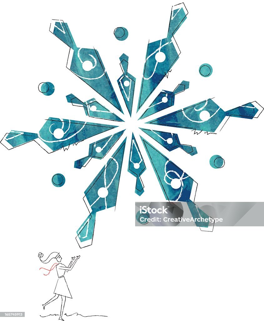 Illustration of girl catching giant snow flake Woman catching a large, textured snowflake drawn in doodle style. Snowflake Shape stock vector