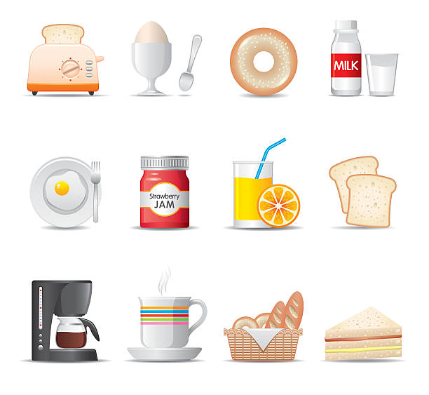 ilustraciones, imágenes clip art, dibujos animados e iconos de stock de desayuno/alimentos icono conjunto elegante serie - white background container silverware dishware