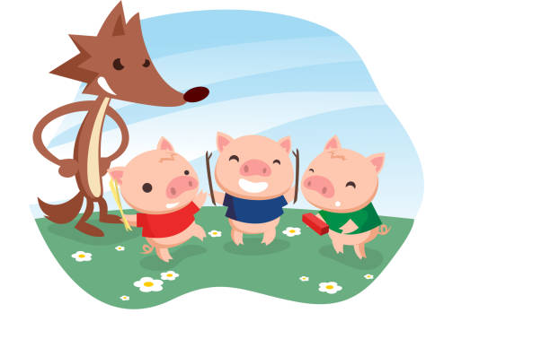 Three little pigs Three little pigs with cartoon wolf. three animals stock illustrations