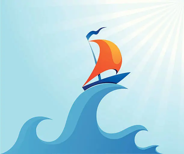 Vector illustration of Sail boat on high ocean wave illustration