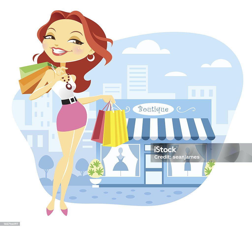 Jolie jeune femme Fashion Shopping dans la Boutique - clipart vectoriel de A la mode libre de droits