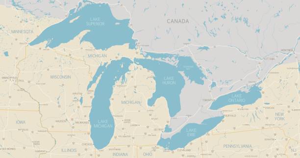Great Lakes Map A detailed map of the Great Lakes region. Includes major highways, cities, rivers and lakes. Each state is separate and grouped for easy color changes. Other elements are also grouped and separate. Includes an extra-large JPG so you can crop in to the area you need. great lakes stock illustrations