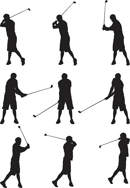 ilustraciones, imágenes clip art, dibujos animados e iconos de stock de hombres balanceo de palos de golf - golf action silhouette balance