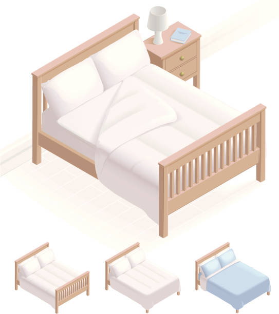 ilustraciones, imágenes clip art, dibujos animados e iconos de stock de isométricos & ropa de cama - double bed night table headboard bed