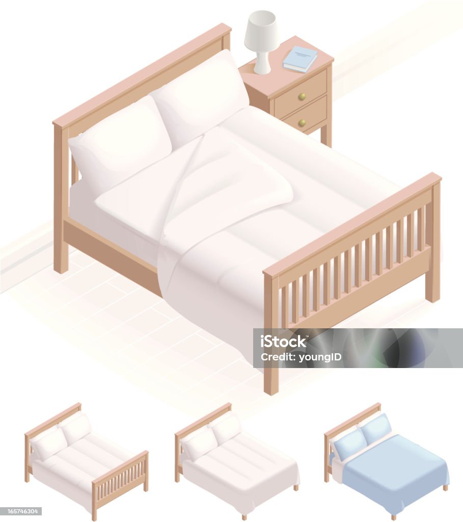 Isometric Bed & Bedding Isometric vector illustration of 4 beds and bedding. Grouped, layered, created with blends and gradients (no mesh) for ease of use. Download includes EPS file and hi-res jpeg. Isometric Projection stock vector