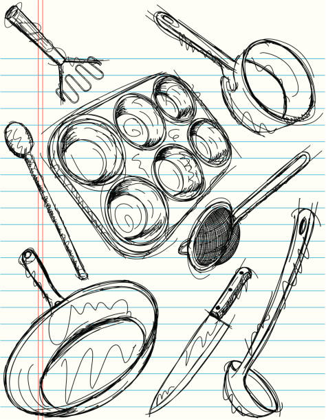 cooking utensil sketches Sketchy, hand drawn kitchen utensils on notebook paper. The items included are a potato masher, wooden spoon, cooking pot, saucepan, knife, muffin pan, strainer, and ladle. The artwork and paper are on separate labeled layers. clip art of a potato masher stock illustrations