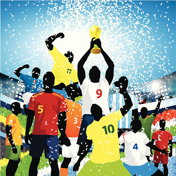 Lifting the world cup! Who will win the world cup? A myriad of player representing teams all around the world including the US, Brazil, South Africa, Ivory Coast, Italy, Spain, Netherlands, Argentina, England, Portugal and Nigeria assembled to lift the world cup trophy with confetti falling from the sky. world cup stock illustrations