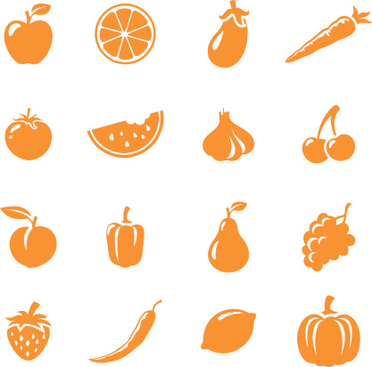 16 individually grouped fruit and vegetable icons. Easy to change colour.