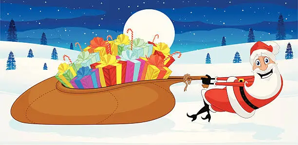 Vector illustration of Santa Claud dragging a sack full of gifts