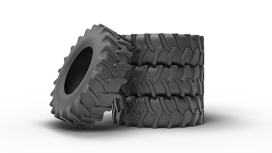 3d rendering of isolated pile of tractor tires, with copy space, on white background.