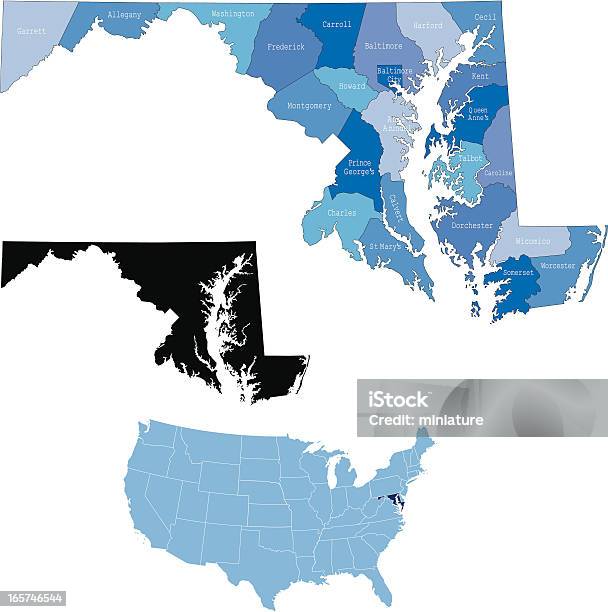 Штат Мэриленд Стран Карта — стоковая векторная графика и другие изображения на тему Карта - Карта, Мэриленд - штат, Район
