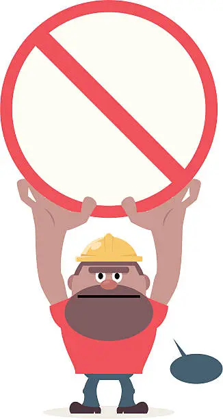 Vector illustration of Worker showing a prohibition sign and warning for safety
