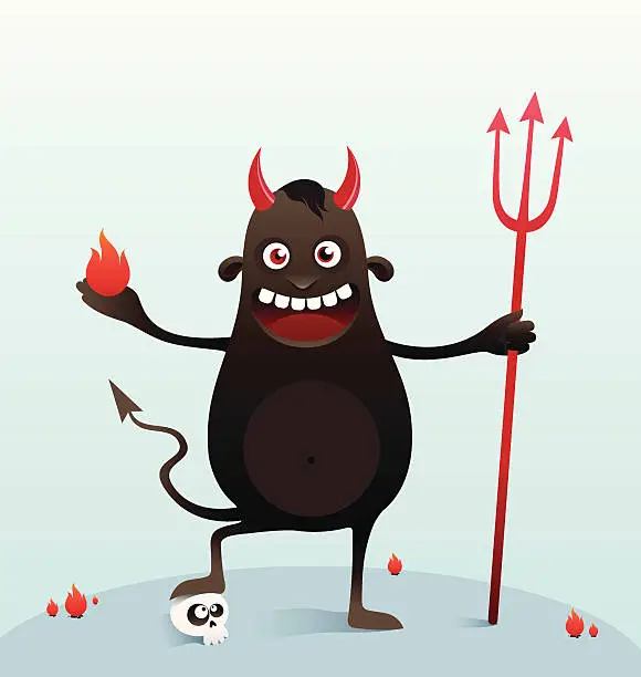 Vector illustration of Black smiling devil from hell holding fire