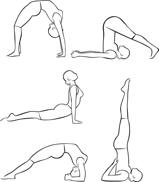 Stylized yoga illustrations - Bending 4 Five line illustrations of bending yoga positions. One of a series. shoulder stand stock illustrations