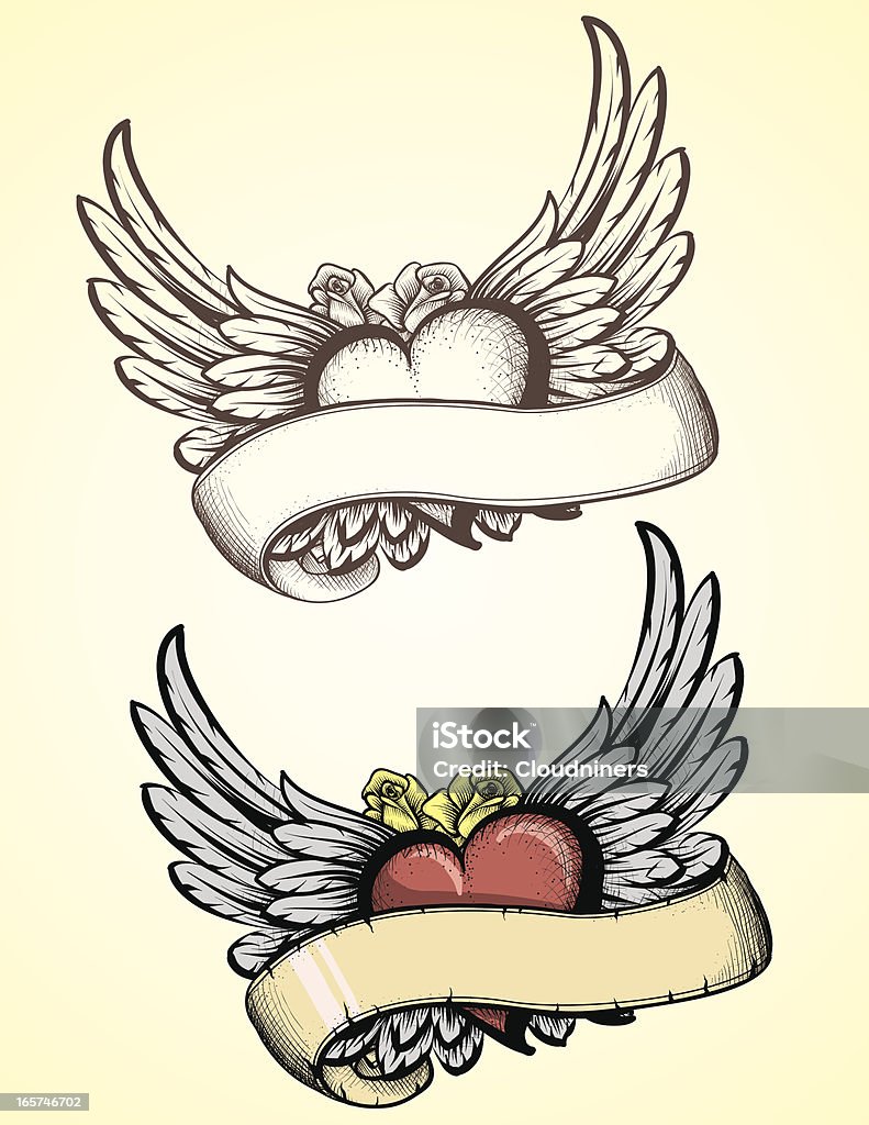 Sketched Flying Heart tattoo Hand drawn winged flying hearts with empty banner and roses. Change color and scale easily with the enclosed EPS and AI files. Also includes hi-res JPG. Tattoo stock vector