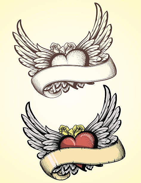 Sketched Flying Heart tattoo vector art illustration