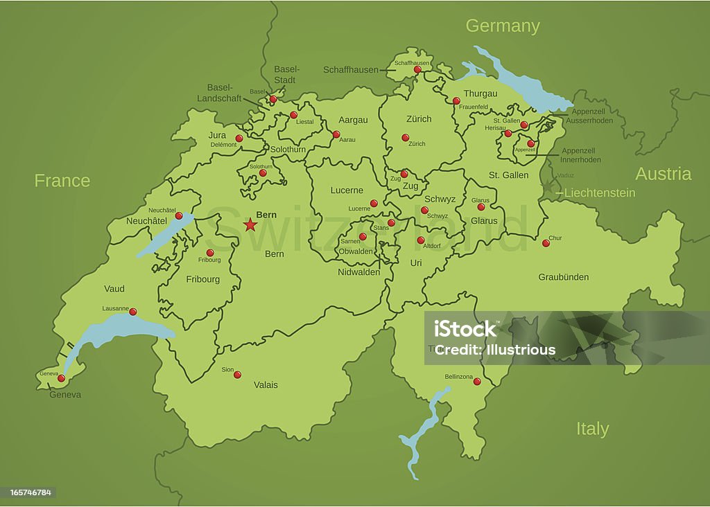 Швейцария карту, кантоны - Векторная графика Карта роялти-фри