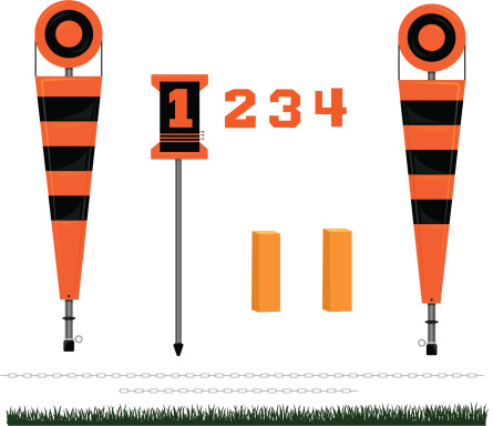 Graphic illustration of a American football first down markers, yard markers, chains and end zone cones. Check out my 