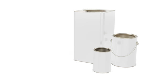 3d rendering of 18L, 3.6L and 900mL paint cans on white background.
