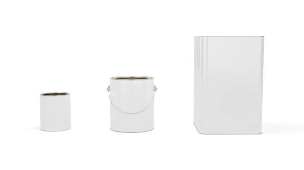 3d rendering of 18L, 3.6L and 900mL paint cans on white background.