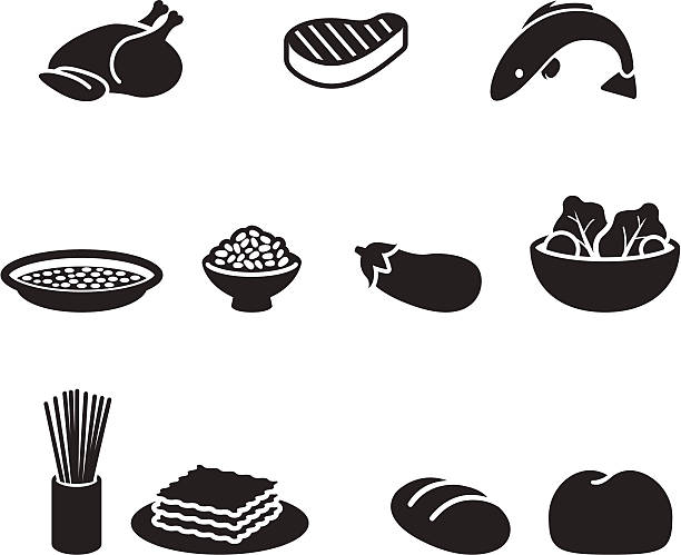 Food symbols Several food pictograms in black color. steak salad stock illustrations