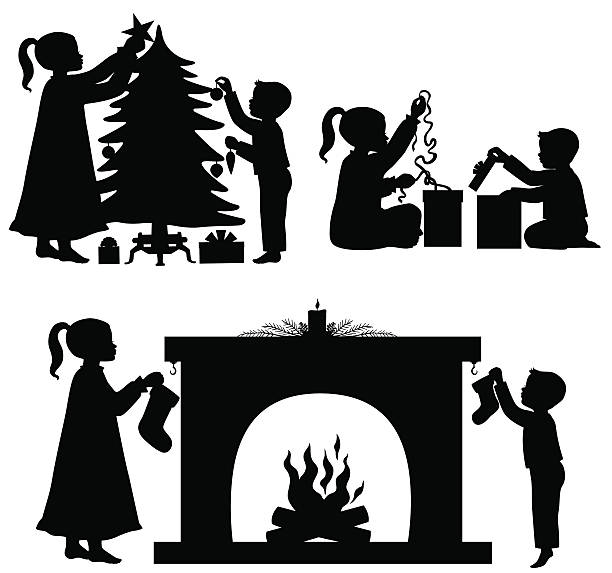 bildbanksillustrationer, clip art samt tecknat material och ikoner med children at christmas silhouettes - children tree christmas silhouette