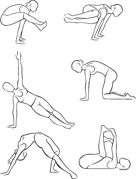 Stylized yoga illustrations - Arm Balancing 3 Six line illustrations of balancing yoga positions. One of a series. cat pose yoga stock illustrations