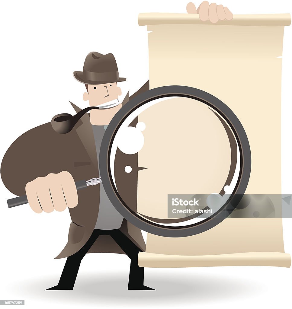 Detective sosteniendo una lupa y demuestra algo - arte vectorial de Sherlock Holmes libre de derechos