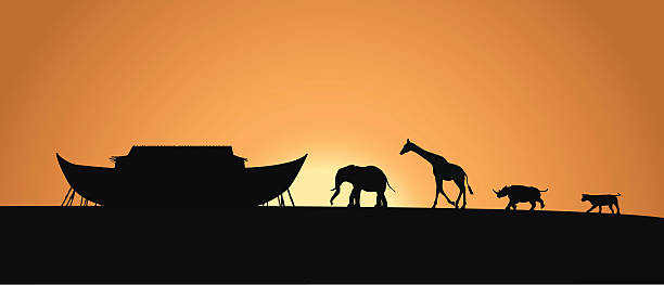 Noah's Ark Noah's ark silhouette with animals walking towards it. Includes an elephant, giraffe,rhino and tiger. Includes eps ai and high res jpg. noahs ark stock illustrations