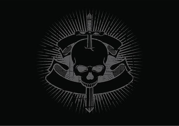 illustrazioni stock, clip art, cartoni animati e icone di tendenza di emblema spada di teschio - skull dirty insignia grunge