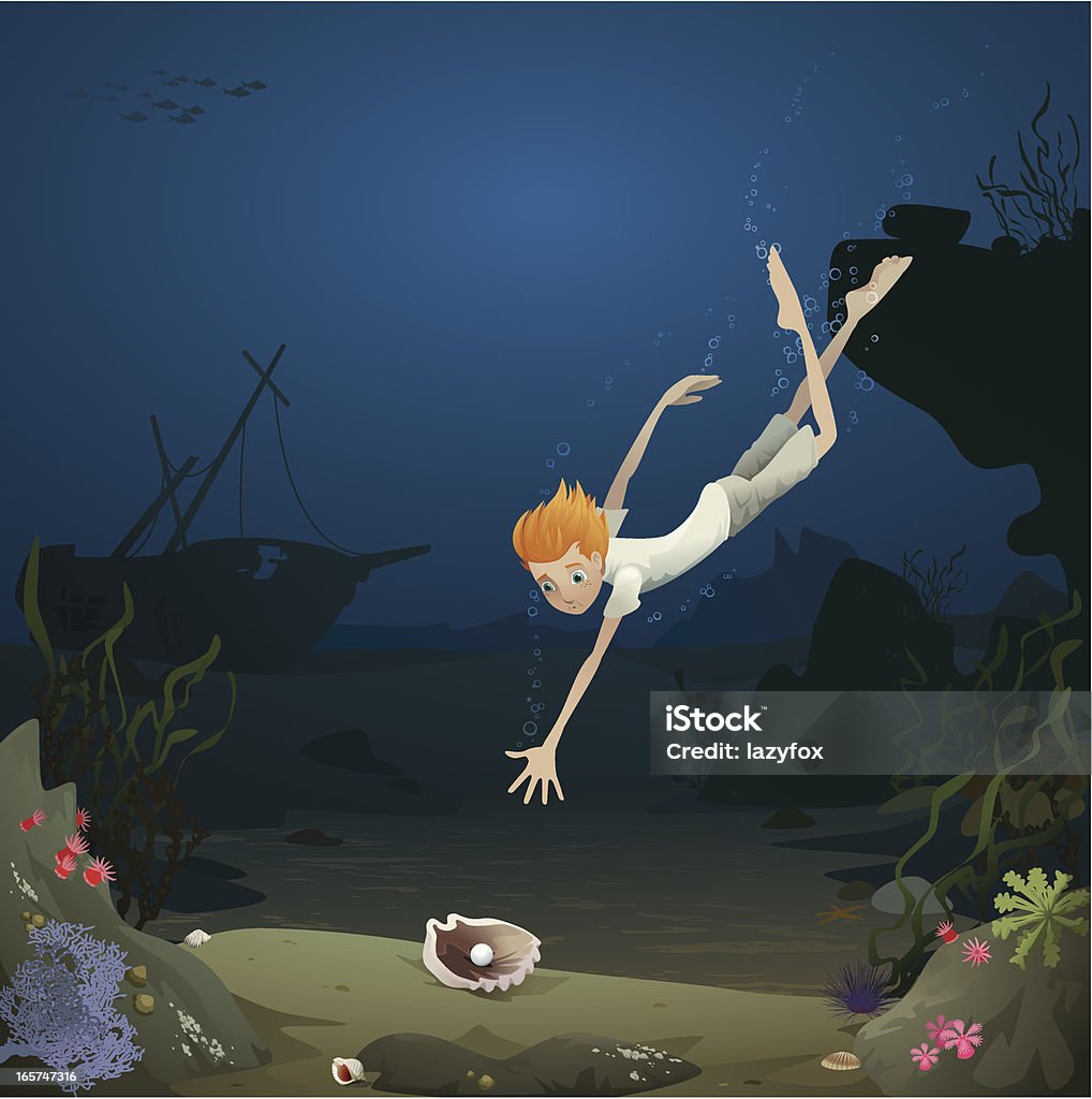 Underwater adventure A young boy diving to reach a giant pearl on a dark and mysterious ocean reef. Vector illustration with high-res .jpg. Oyster Pearl stock vector