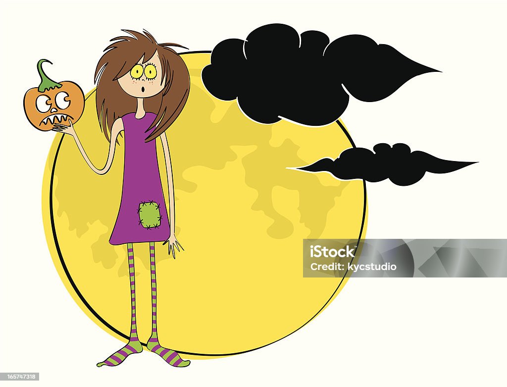 Emo Girl in a Spooky Setting Homely girl standing in front of a full moon and holding a Jack o' Lantern. Vector illustration. Adult stock vector