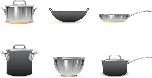 stockillustraties, clipart, cartoons en iconen met pots and pans icons - koperen pan