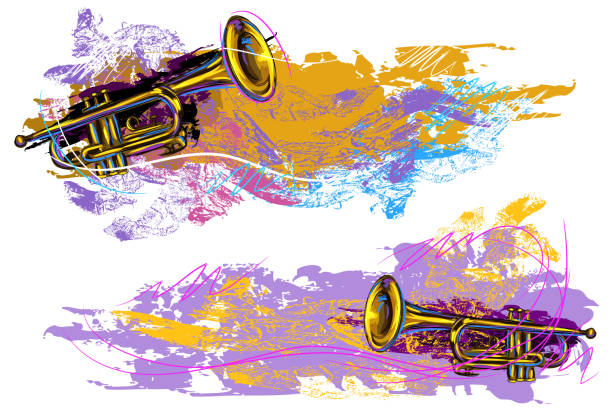 tło grunge trumpet/banery - brass band stock illustrations