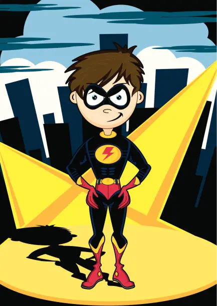 Vector illustration of Superhero Boy  in City Scene