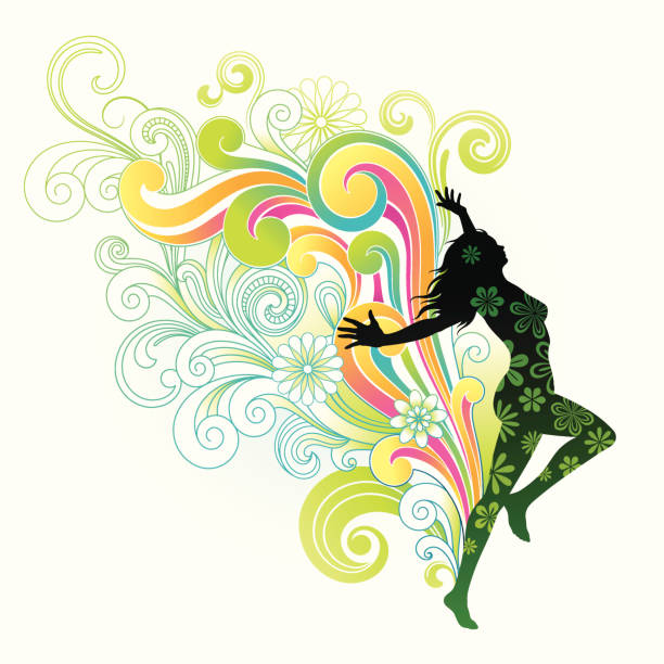Silhouette of happy woman with flowing swirls.