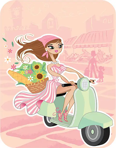 Vector illustration of Girl on Scooter in Market