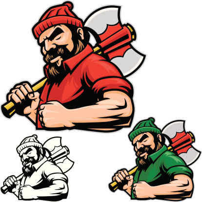 This is an illustration of a Lumberjack showing strength. This file contains two color versions and a Black and white. Easy to edit and change color, nothing too complex. All secondary color levels are removable down to a simple flat color image. The file is provided as an Illustrator 8 EPS and a 300dpi high-rez jpg.