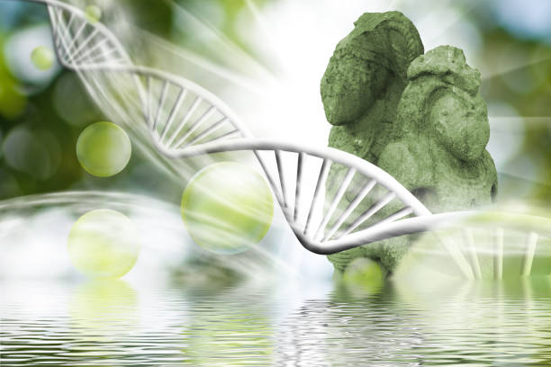 istock image of ancient cult figures and stylized DNA chains and their reflection in water 1657477090