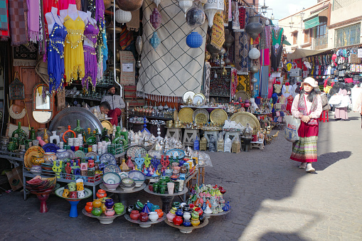 Marrakech, Morocco - Feb 21, 2023: Handicrafts on sale in the Marrakech Souk market
