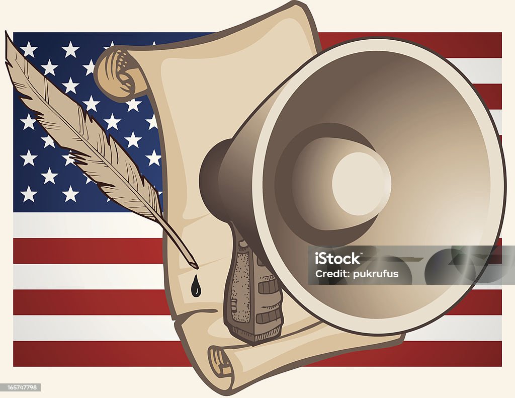 Freedom of Speech Freedom of Speech is illustrated with an American flag in the background.  On top of that is a scroll and quill pen representing the Constitution.  On top of that is a megaphone representing our right to speak out. US Constitution stock vector