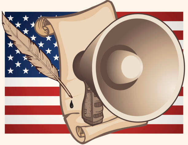 Freedom of Speech Freedom of Speech is illustrated with an American flag in the background. On top of that is a scroll and quill pen representing the Constitution. On top of that is a megaphone representing our right to speak out. us constitution stock illustrations