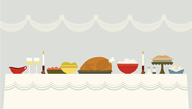 Illustration of a Christmas banquet table A beautiful table spread with delicious food for a holiday meal buffet illustrations stock illustrations