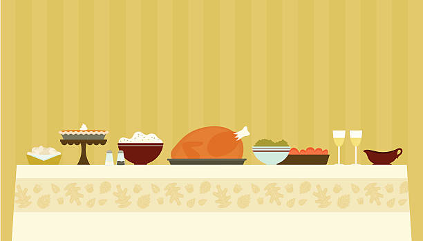 Traditional Thanksgiving Dinner A formal dining room table decorated for Thanksgiving and spread with delicious food to shared with friends and family at a holiday event dinner stock illustrations